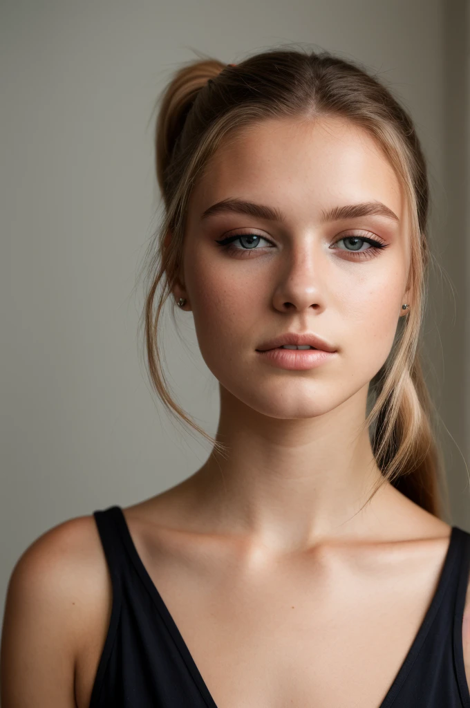 a 20 year old,  Scandinavian model, eyeshadows, pony tail,