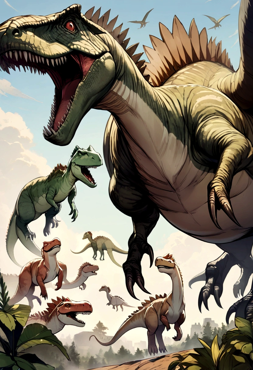 several dinosaurs, on flrest, with the names, and flying
