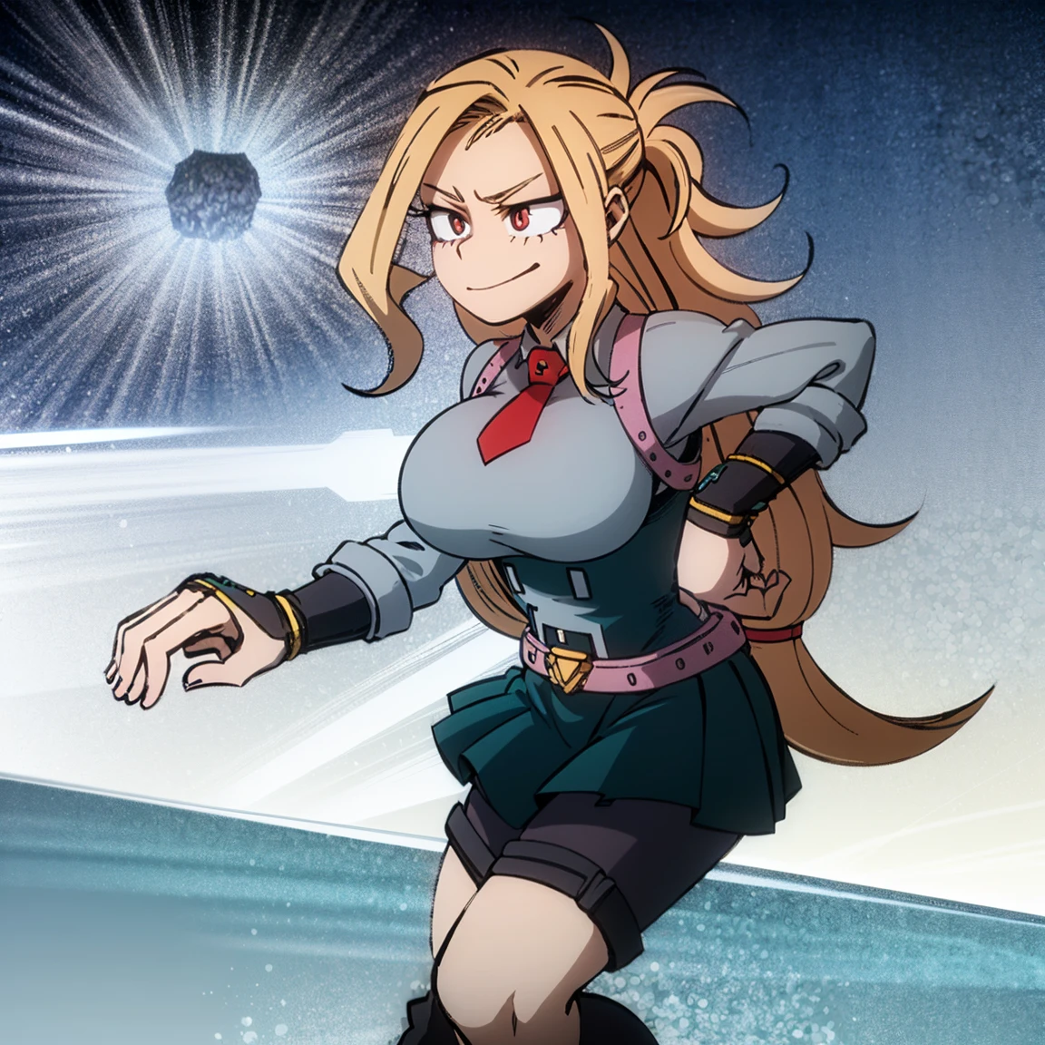 1girl, female focus, boku no hero academia, masterpiece, best quality, very aesthetic, cowboy shot, ???????????, long curly hair, orange hair, dark pink eyes, smirk, gray jacket, red tie, white shirt, teal skirt, gray tights, boots