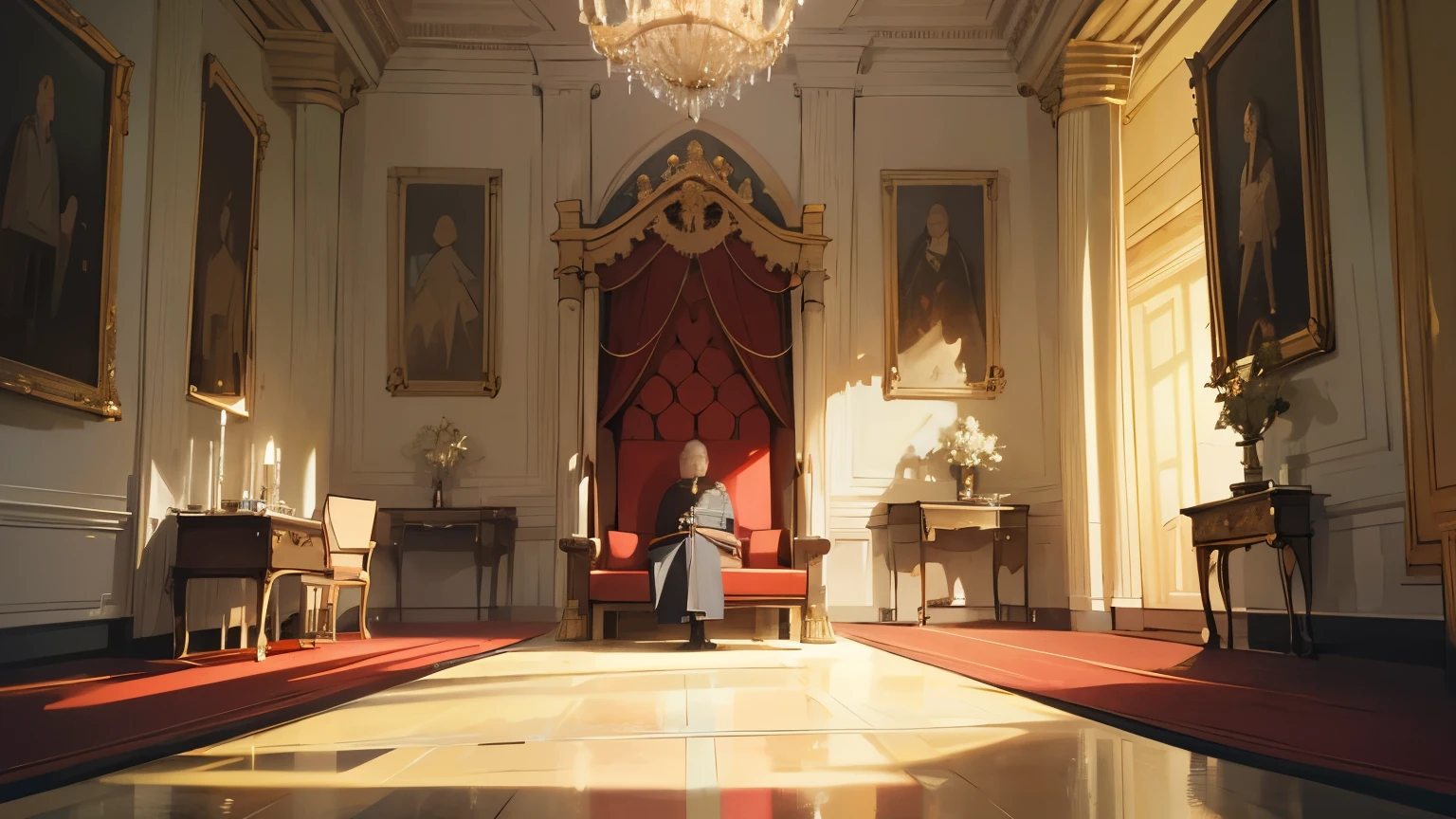 king's chamber, big room, royal palace room, wide angle, king on the throne, looking up viewer, arrogant, snobby, fat, middle aged, short, masterpiece, award winning photography, score_9, score_8_up, score_7_up,