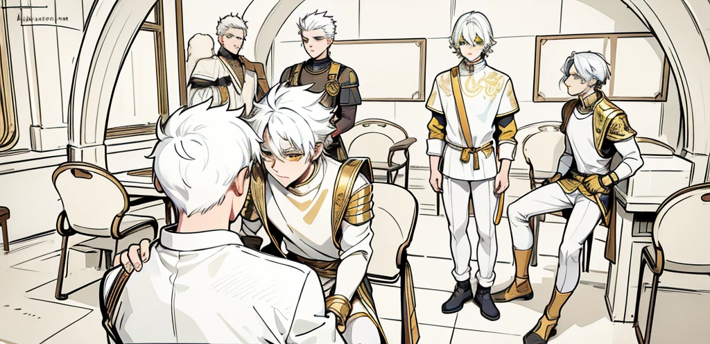 There is a boy sitting with his back turned and several men in front of him intimidating him. They only have white hair and yellow eyes, black tunics, golden armor, black with yellow golden jewelry.