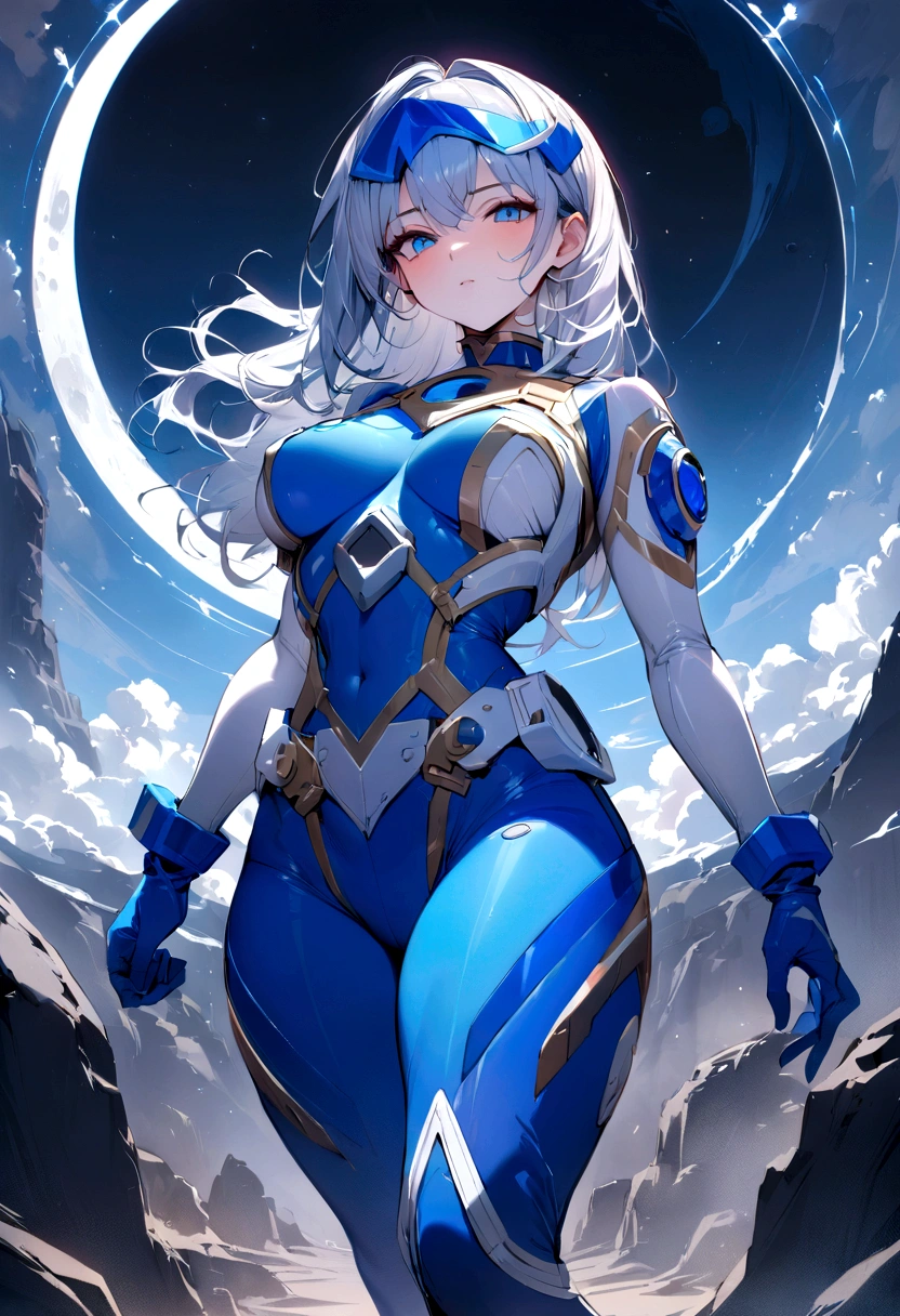 ((best quality)), ((masterpiece)), (detailed), blue power ranger suit based and designed around the moon, crescent visor
