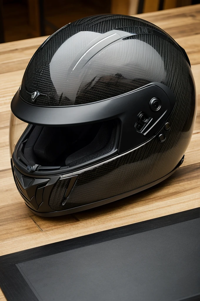 ((best quality)), ((masterpiece)), (detailed),Create a carbon fiber motorcycle helmet on a table
