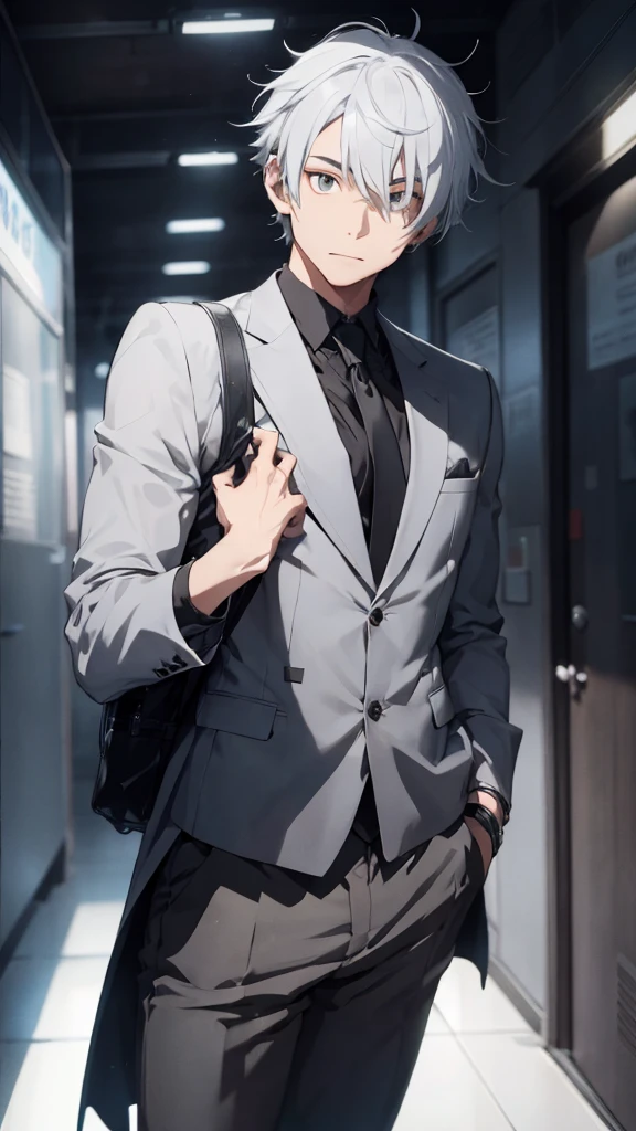 age man ,Smoky white hair, wearing a black suit . Turn back and look back. Half body image, colored lights, look back. วิวจากดาดฟ้าตึกสูง all black suit