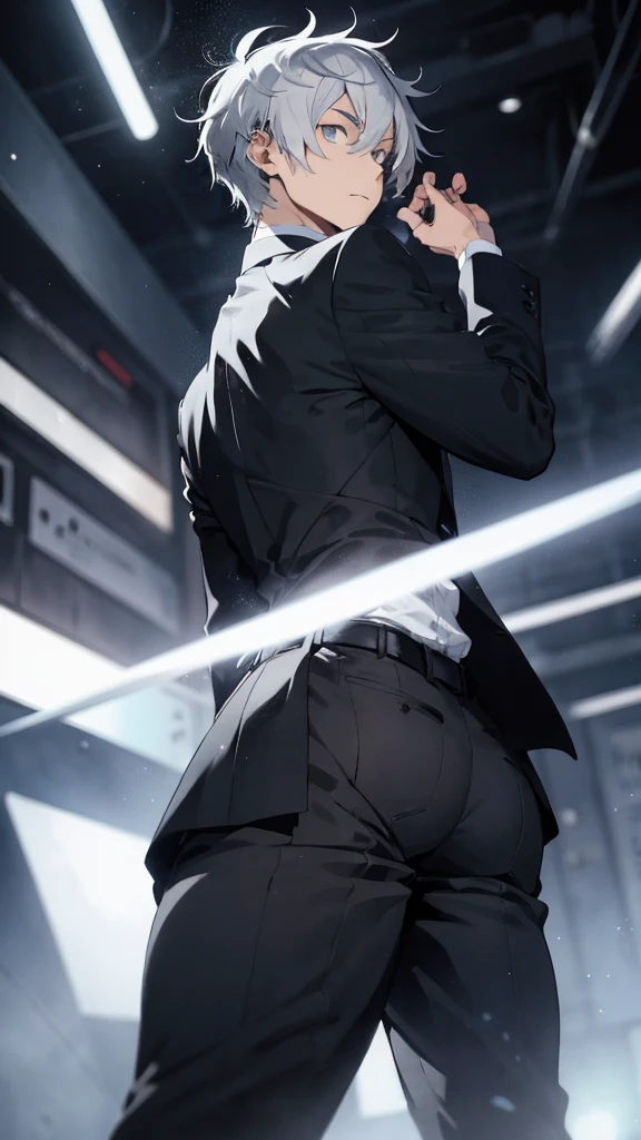 teenage man ,Smoky white hair, wearing a black suit . Turn back and look back. Half body image, colored lights,  look back. วิวจากดาดฟ้าตึกสูง all black suit