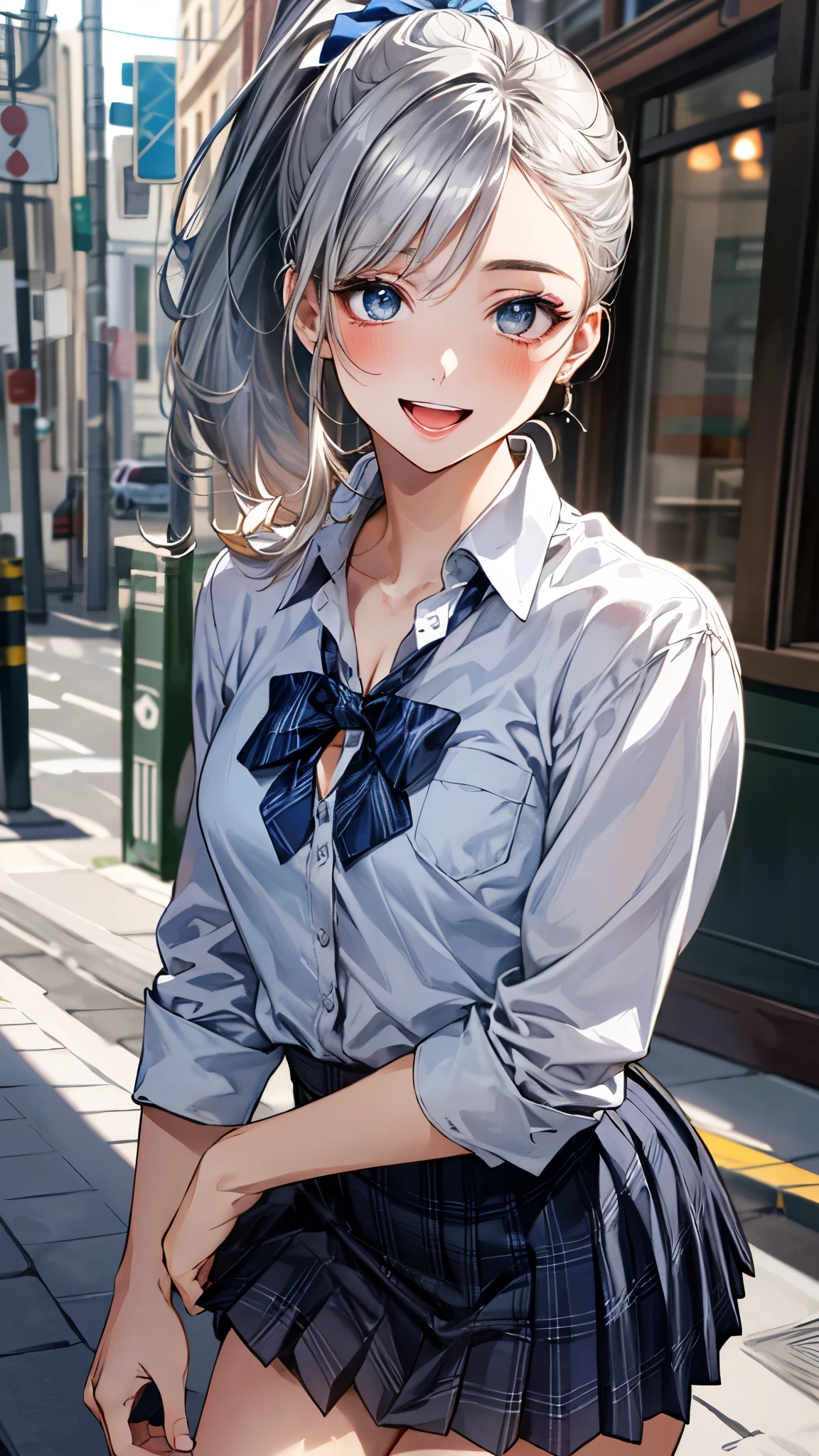 (masterpiece:1.3, top-quality, ultra high res, ultra detailed), (realistic, photorealistic:1.4), beautiful illustration, perfect lighting, natural lighting, colorful, depth of fields, ,
beautiful detailed hair, beautiful detailed face, beautiful detailed eyes, beautiful clavicle, beautiful body, beautiful chest, beautiful thigh, beautiful legs, beautiful fingers, shiny skin,
looking at viewer, 1 girl, high school girl, (perfect anatomy, anatomically correct, super detailed skin), cute and symmetrical face, babyface, perfect face, perfect eyes, ,
(middle hair, ponytail, sideburns, silver hair), crossed bangs, blue eyes, slant eyes, big eyes, long eye lasher, (medium breasts, seductive thighs), slender, skin dendation,
detailed cloth texture, light blue collared shirt, blue bow tie, grey plaid pleated skirt:1.2, black hair chouchou,
(beautiful scenery), summer, evening, (downtown, creperie shop), walking, (eatting crepe), (happy smile, upper eyes, open mouth small),