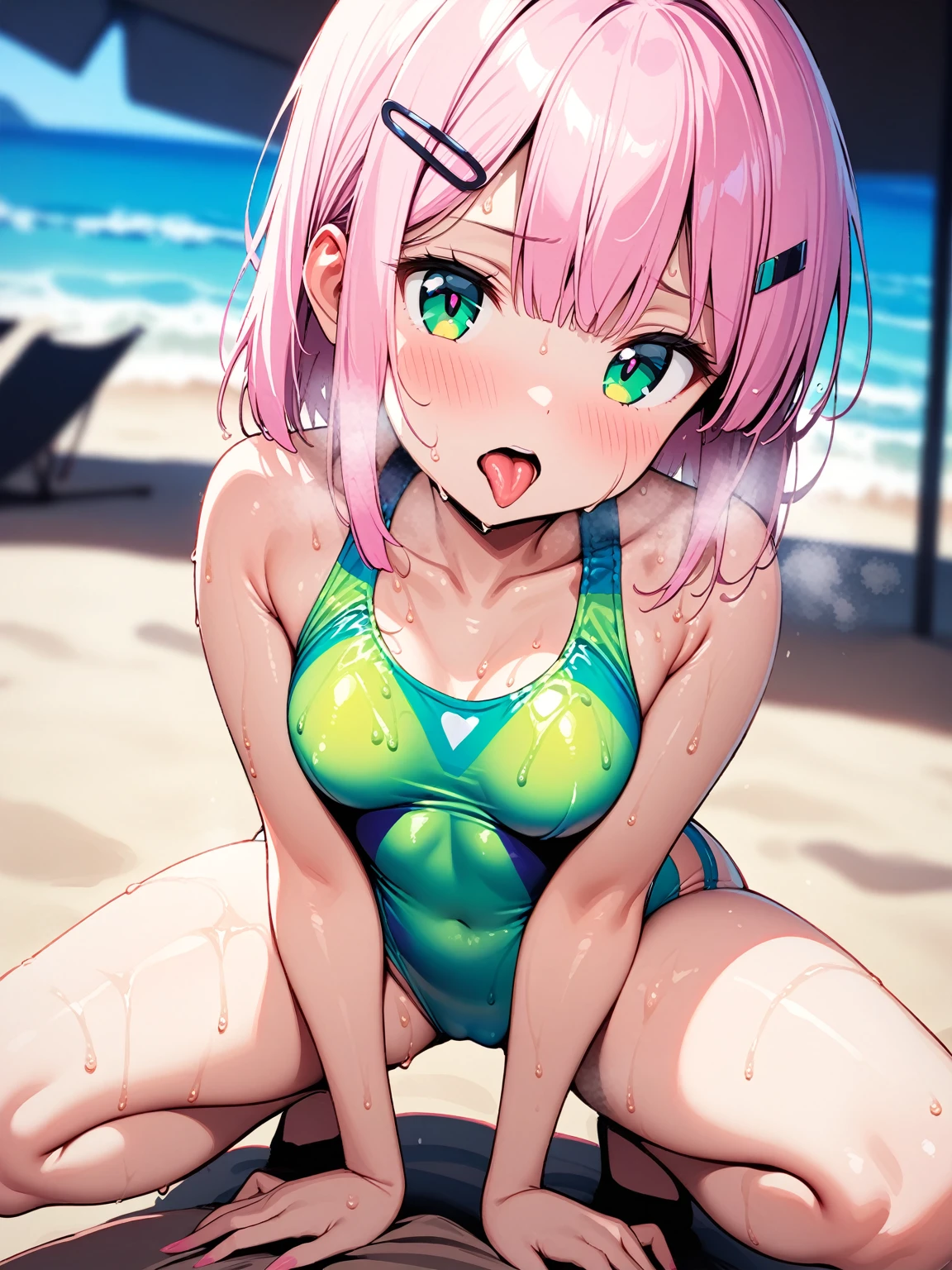 (nsfw,)(((chiyoda momo,pink hair,green eyes,hairclip,hair ornament))),((solo girl)),((Perfect body,))((Super beautiful,))((High quality,))((Heavy breathing,sweat, Sweaty and wet all over,)),backlit,shiny glossy,small breast, Looking at Viewer,((Beach side,sexual swimsuit, cowboy shot,)),shyly,nipple,After sunburn,(Show off your crotch by opening your crotch in a crouching posture,squatting and straddling),open mouth,tongue out,(Felliatio Gesture,)