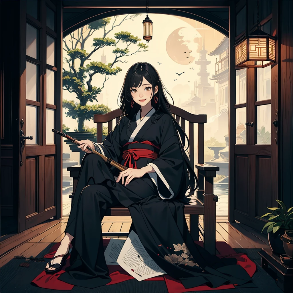 ((최고의 품질)), ((걸작)), (상세한), 여자 1명, ((Smoking a long oriental pipe)), Long black hair down to the buttocks, Oriental and mysterious atmosphere, Lotus, dreamy atmosphere, dark oriental building background, stylish oriental dresses, Detailed  description, Perfect ultra-high resolution, Black kimono with very long sleeves, Sitting back on a large oriental chair, Paper gate background illuminated by moonlight, ((a gentle smile))
