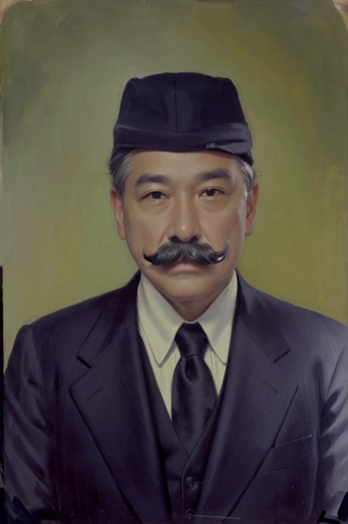 middle-aged man, with a mustache, wearing a black cap and suit