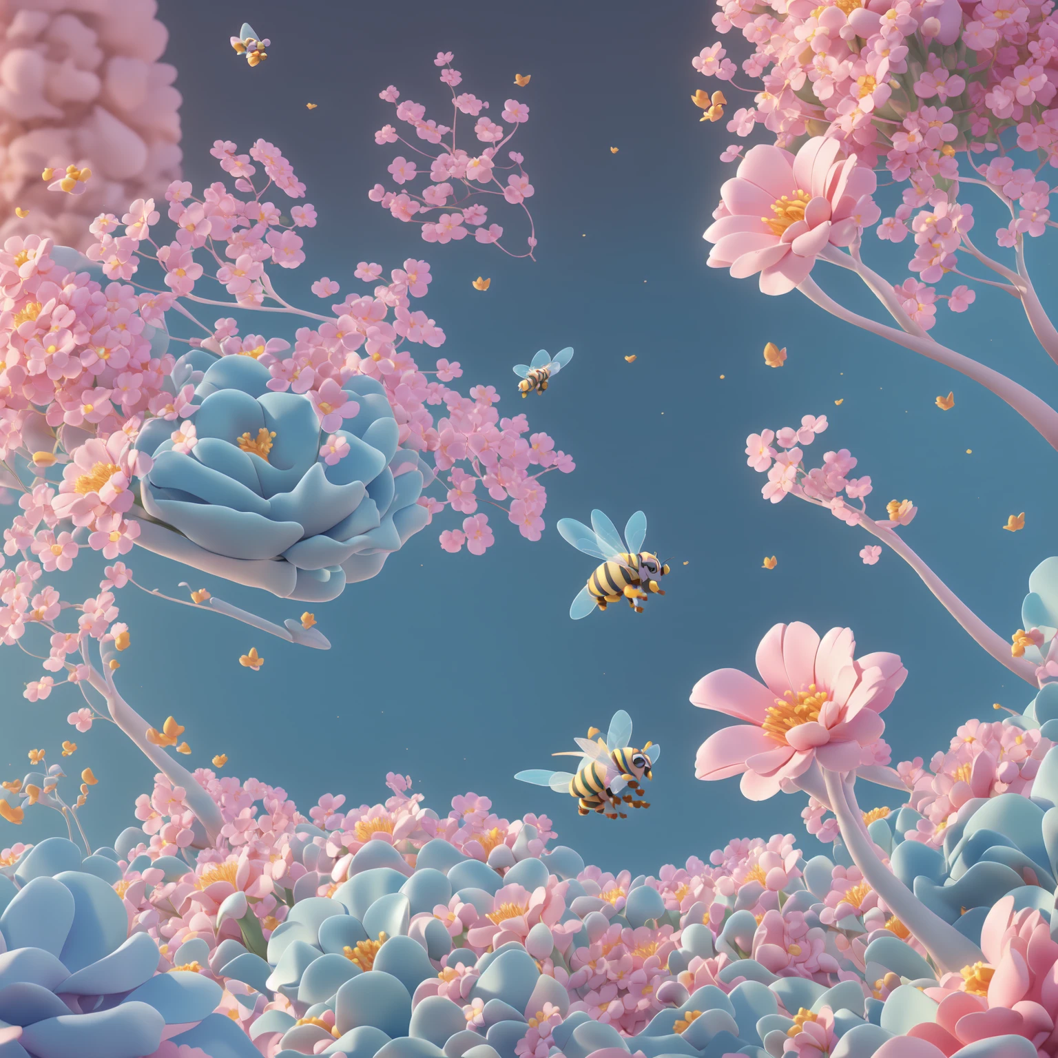 there is a bee flying over a field of flowers with a bee, a 3D render by jeonseok lee, trending on polycount, conceptual art, cute 3 d render, soft 3d render, cute! c4d, stylized as a 3d render, stylized 3d render, adorable digital painting, cute detailed digital art, 3 d bee