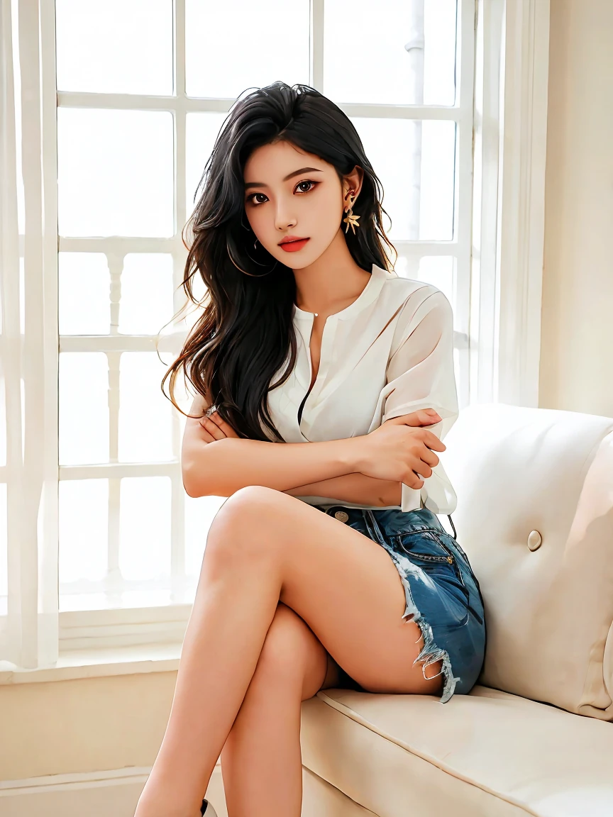 1girl,solo,(masterpiece:1.2),(best quality:1.2),realistic,highly detailed,4K,solo,black eyes,earrings,indoors,black hair,long hair,looking at viewer,shirt,denim shorts,indoors,high heels,val,white clothes,sitting,crossed arms,crossed legs,