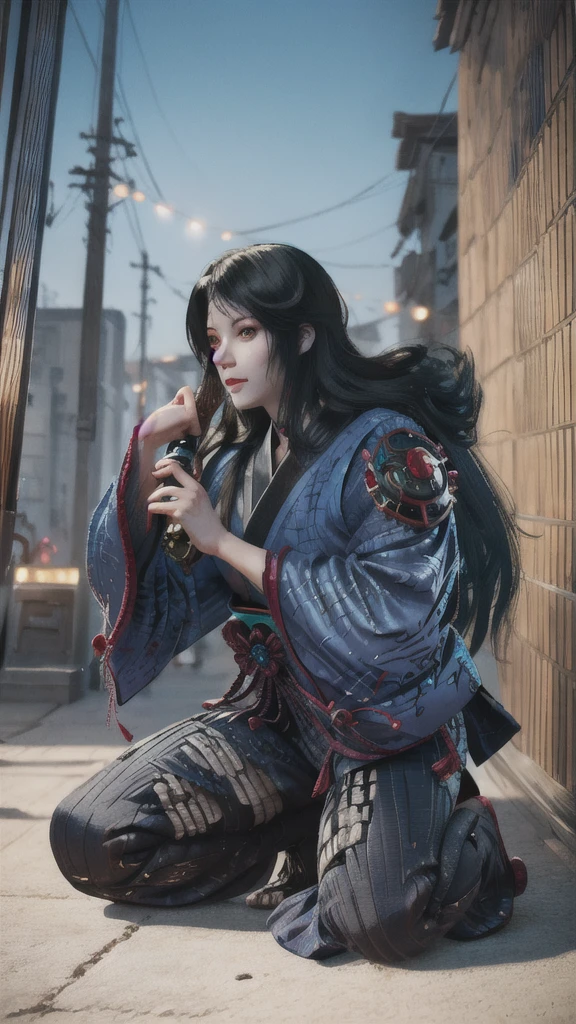 Hyperrealistic version of a woman kneeling down with a sword in her hand, very beautiful cyberpunk samurai, anime cyberpunk art, cyberpunk samurai, cyberpunk anime art, anime cyberpunk, cgsociety 9, digital cyberpunk anime art, style of maciej kuciara.1girl, samurai armor, helmet oni evil mask,intricate, ornaments detailed, cold colors, metal, egypician detail, highly intricate details, realistic light, trending on cgsociety, glowing eyes, facing camera, neon details, ultra realistic details, portrait full body, japanese atmosphere, global illumination, shadows, octane render, 8k, ultra sharp.cool lolita.