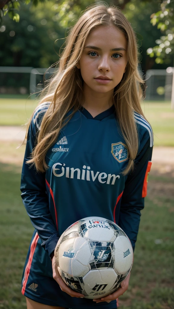 A photo-realistic image of an 18-year-old girl, blonde hair, wearing a soccer jersey and holding a soccer ball, (1 girl), (extremely detailed CG Unity 8k wallpaper background), photo of the most beautiful works of art in the world, professionally majestic (photography by Steve McCurry), 8K UHD, digital SLR, soft lighting, high quality, film grain, sharp focus from Fujifilm XT3, f5.6, high detail, sharpness, spectacular, (looking at the viewer:1.2), (detailed pupils:1.3), (natural light).