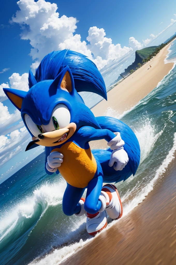 Sonic the anthropomorphic blue hedgehog running through Hawaii very fast while Tails the anthropomorphic orange fox follows behind 