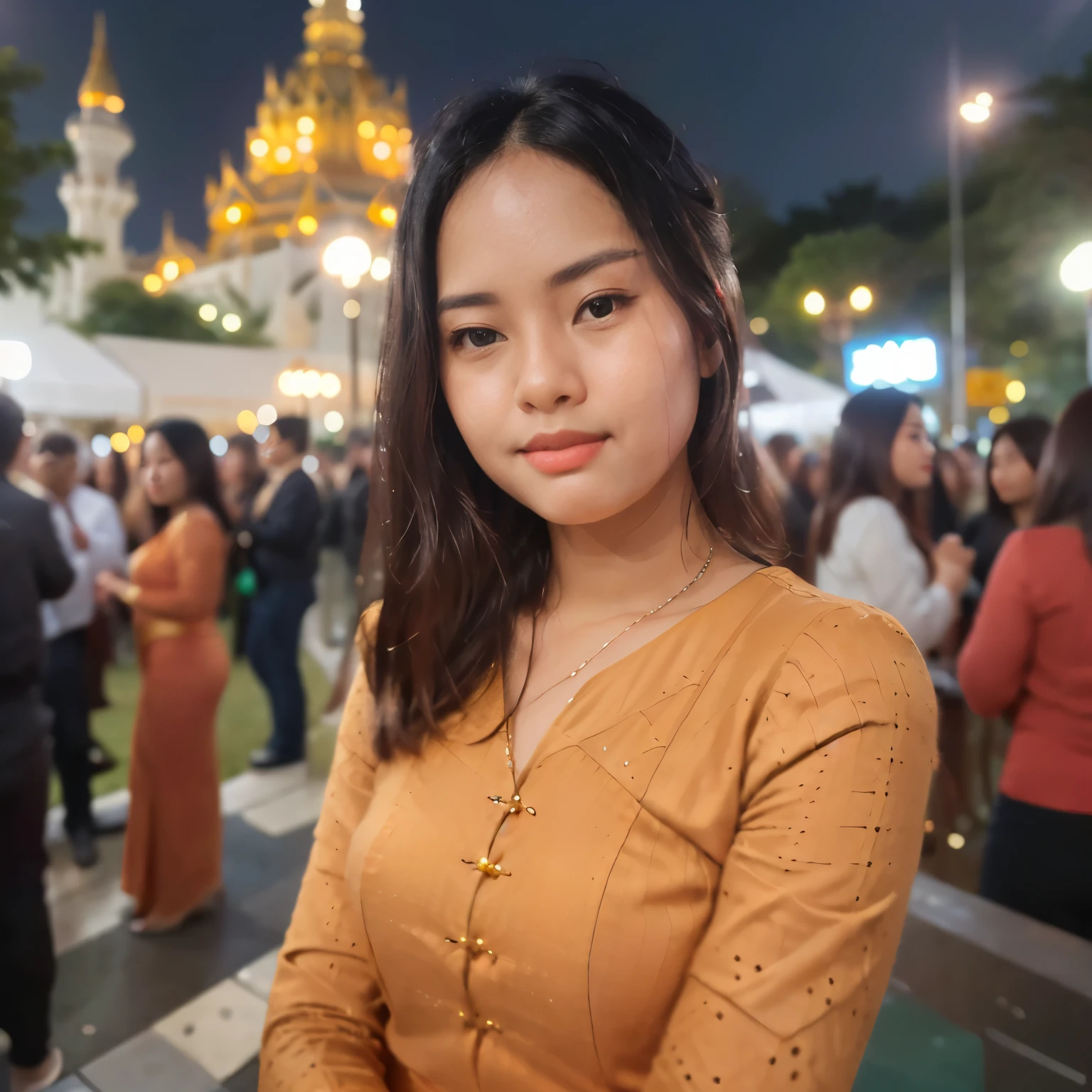 arafed asian woman in a green dress standing in front of a crowd, half body portrait view, ((pretty lady MoonLay:1.2)), (1 pretty lady MoonLay), ((((pretty lady MoonLay's cute small smile:1.3)))), (random other girls), south east asian with square face, traditional beauty, beautiful asian girl, anime thai girl, a young beautiful asian woman, glowing golden pagodas background, cinematic enhance HDR portrait lighting.