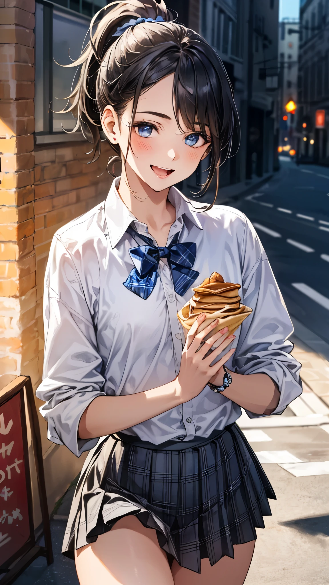 (masterpiece:1.3, top-quality, ultra high res, ultra detailed), (realistic, photorealistic:1.4), beautiful illustration, perfect lighting, natural lighting, colorful, depth of fields, ,
beautiful detailed hair, beautiful detailed face, beautiful detailed eyes, beautiful clavicle, beautiful body, beautiful chest, beautiful thigh, beautiful legs, beautiful fingers, shiny skin,
looking at viewer, 1 girl, high school girl, (perfect anatomy, anatomically correct, super detailed skin), cute and symmetrical face, face, perfect face, perfect eyes, ,
(middle hair, ponytail, sideburns, silver hair), crossed bangs, blue eyes, slant eyes, big eyes, long eye lasher, (medium breasts, seductive thighs), slender, skin dendation,
detailed cloth texture, light blue collared shirt, blue bow tie, grey plaid pleated skirt:1.2, black hair chouchou,
(beautiful scenery), summer, evening, (downtown, creperie shop), walking, (eatting crepe), (happy smile, upper eyes, open mouth small),