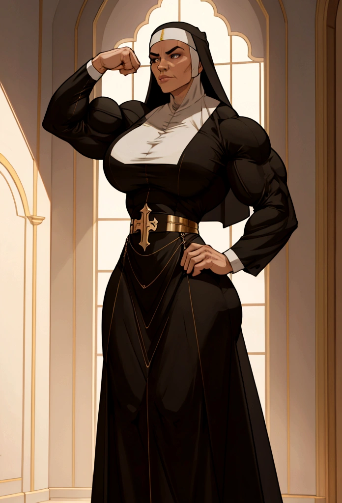 tall muscle nun womn flex her big biceps small suit cinematic lighting, ray tracing, Surrealism, high detail, modern, Realism, highres, high details, masterpiece, UHD, 8k, award winning