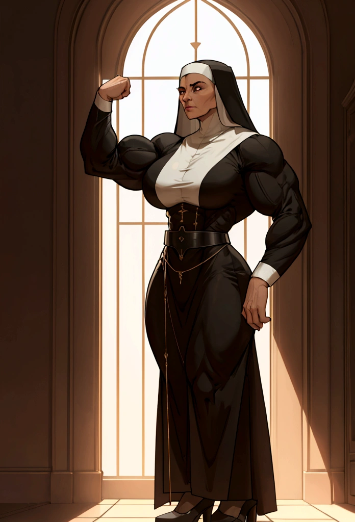 tall muscle nun womn flex her big biceps small suit cinematic lighting, ray tracing, Surrealism, high detail, modern, Realism, highres, high details, masterpiece, UHD, 8k, award winning