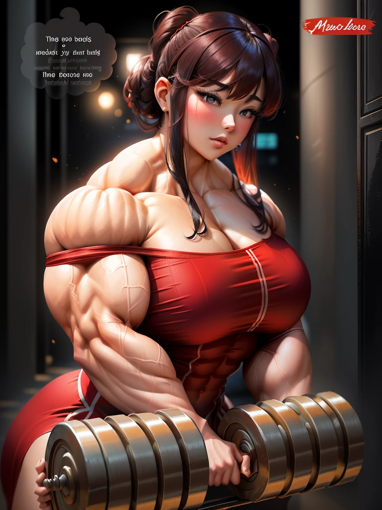 a woman in a red dress is holding two idiots, chun lin na academia, big arms, big biceps, big muscles, muscular girl, strong arms, muscular!!, big muscles, huge muscles, heavy appearance, huge muscles, powerful and huge, bursting with muscles, big muscle, muscular!!!, thick, Very beauthful. big muscles