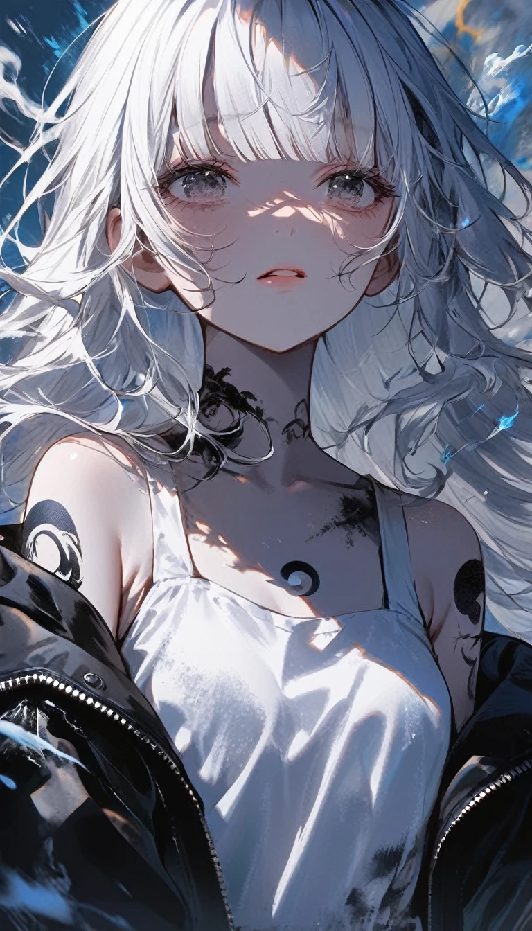 1girl, kawaii, melancholy expression, long hair, bangs, long cropped bangs hide both eyes, bare shoulders, jacket, upper body, white hair, blunt bangs, off shoulder, open jacket, black jacket, hair over eyes, arm tattoo, shoulder tattoo, Around the girl are splashes of black and white paint or ink that reflect the colors of the yin-yang symbol behind her Smoke and fog intertwined with the paint splashes add to the dramatic effect,