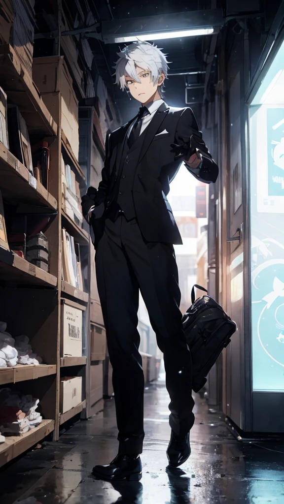 teenage man ,Smoky white hair, wearing a black suit . look back. Half body image, colored lights, look back. วิวจากดาดฟ้าตึกสูง all black suit