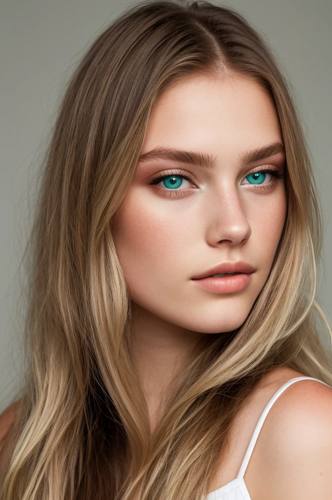 a 20 year old,  Scandinavian model, eyeshadows, long blond hair, thick lips, Light green eyes, bright eyes