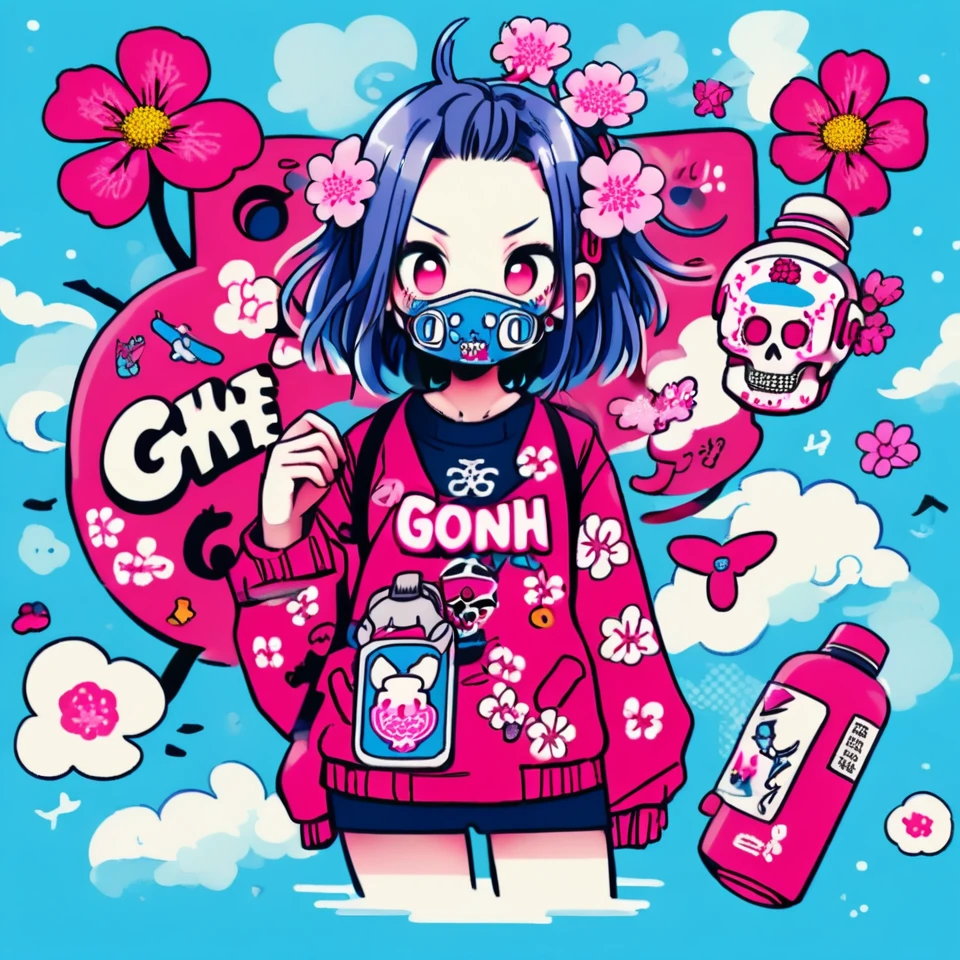 A highly detailed and creative illustration of a tattooed geisha wearing a gas mask, cherry blossoms, skulls, Japanese writing, fantasy style, inspired by Dan Mumford and Frank Franzetta, sketch-like quality, white electric pink blue red yellow outlines, bright colors, logo-style composition, negative space