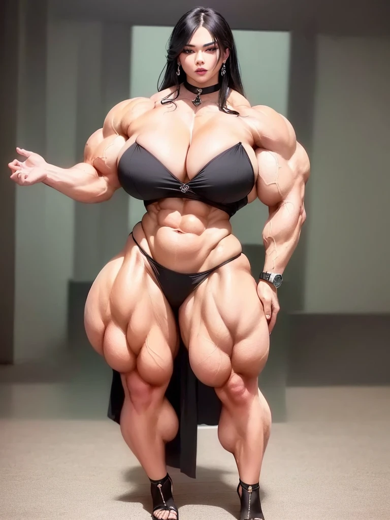 arafa woman posing in a black dress and high heels with a watch in the background, Very beauthful. big muscles, exaggeratedly large physique, huge muscles, huge muscles, muscular girl, muscular woman, big muscles, big muscles, feminine and muscular, powerful and huge, strong and imposing, big muscle, exaggerated physique, muscular and scary, beautiful face, extremely beautiful, very beautiful, 4 k image, high resolution,