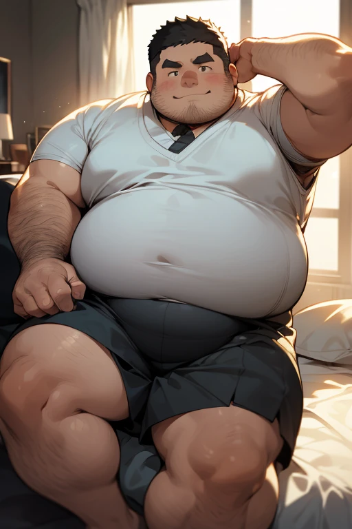 a chubby overweight man in bedroom, wearing white tank top and black shorts, serene expression, highly detailed, masterpiece, 8K, hyper realistic, photorealistic, studio lighting, sharp focus, physically-based rendering, extreme detail, professional quality, vivid colors,Uncle,A faint smile,Asia,Stubble,