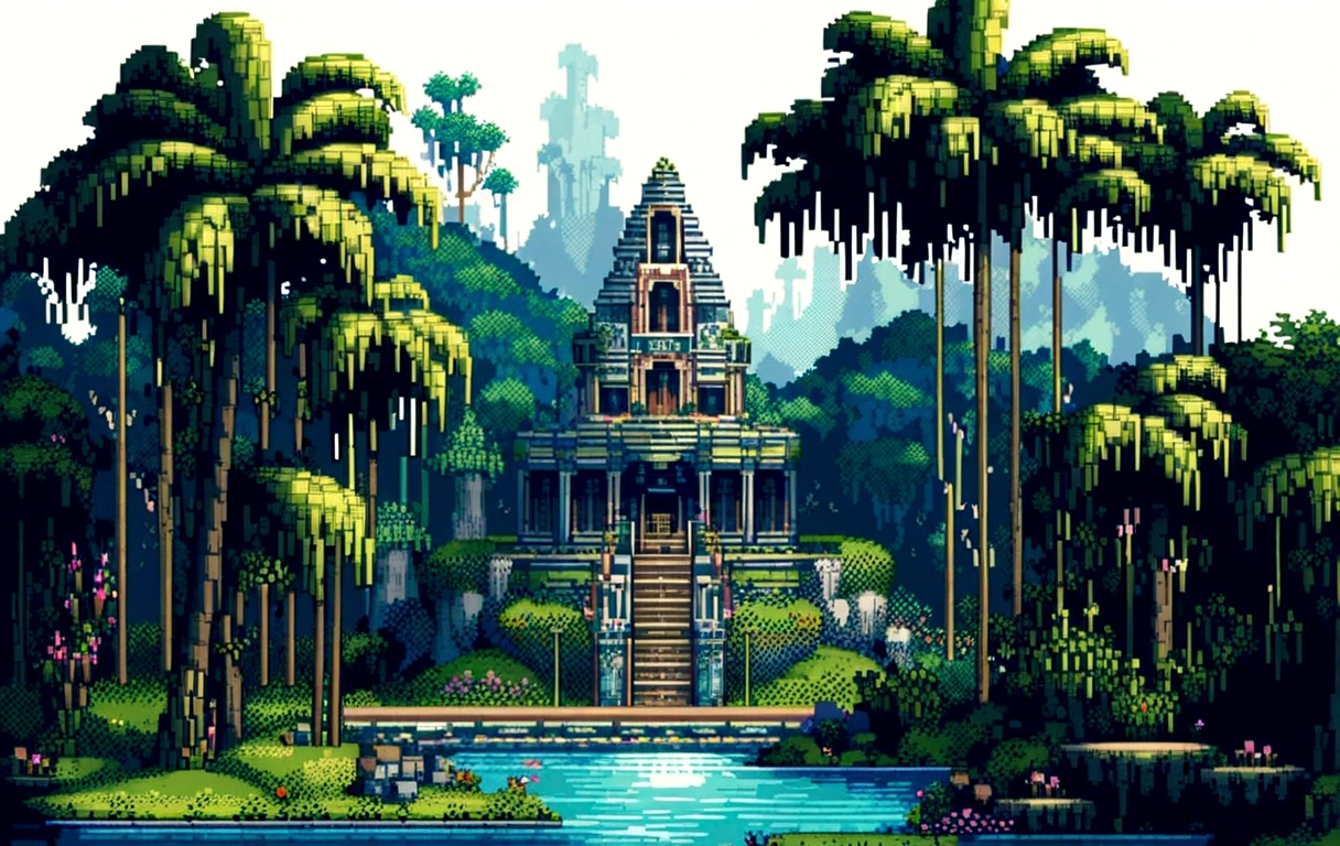 pixel art island destination landscape. natta. 3D pixel art wallpaper 4K. Amazing pixel art detail. pixel art. vapor waves. Detailed Unreal Engine pixel art, mysteries, aventure, games