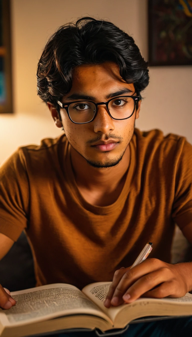 (Photography, Realism: 1.4),
23 years old, male, black hair, smart looking, Maldivian, highly detailed eyes, highly detailed face, brown eyes, freckles, glasses, reading in his home, at night
