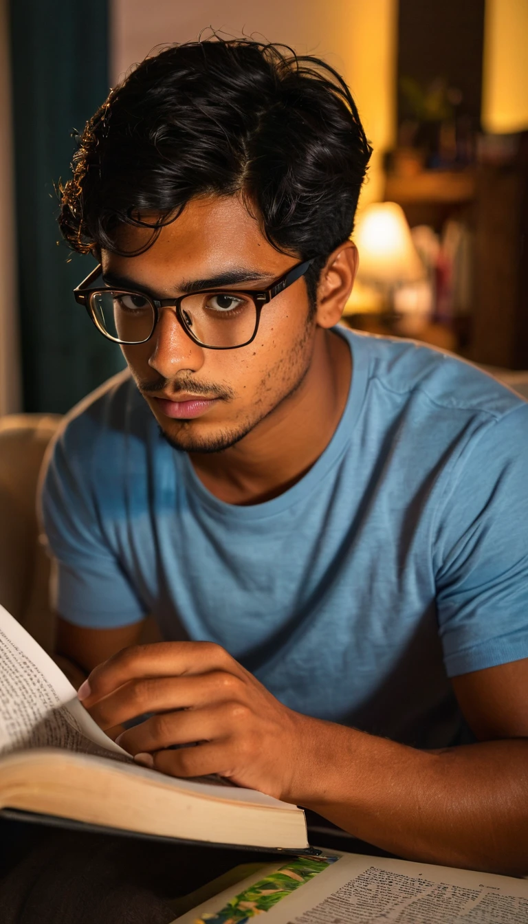(Photography, Realism: 1.4),
23 years old, male, black hair, smart looking, Maldivian, highly detailed eyes, highly detailed face, brown eyes, freckles, glasses, reading in his home, at night