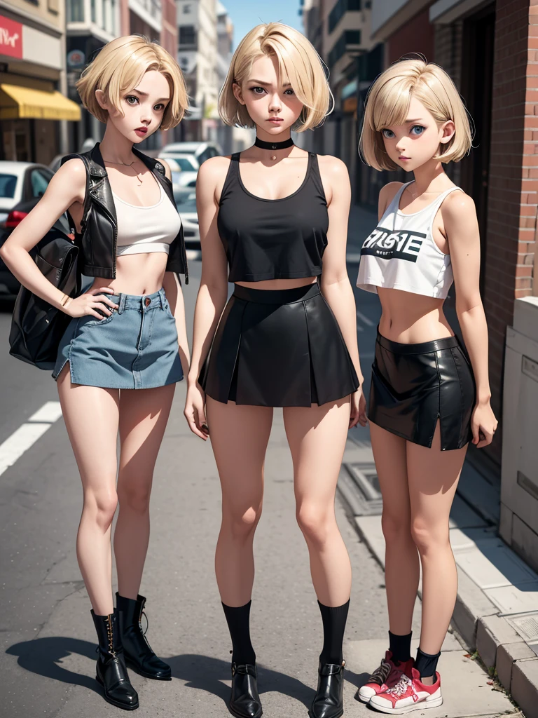 3 sisters, short blond hair, cropped miniskirt, stockings, tank top, standing in the street