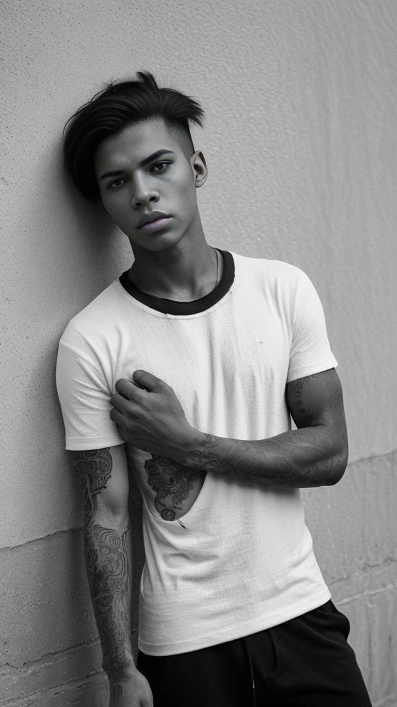 Generate an image in dramatic cinematic black and white, 4k , a young man wearing a blank black loose tee shirt in a street . Include a textured on the wall in the background. give the model few minimalistic tattos on the arm.