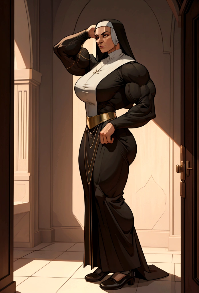 tall muscle nun womn flex her big biceps small suit cinematic lighting, ray tracing, Surrealism, high detail, modern, Realism, highres, high details, masterpiece, UHD, 8k, award winning