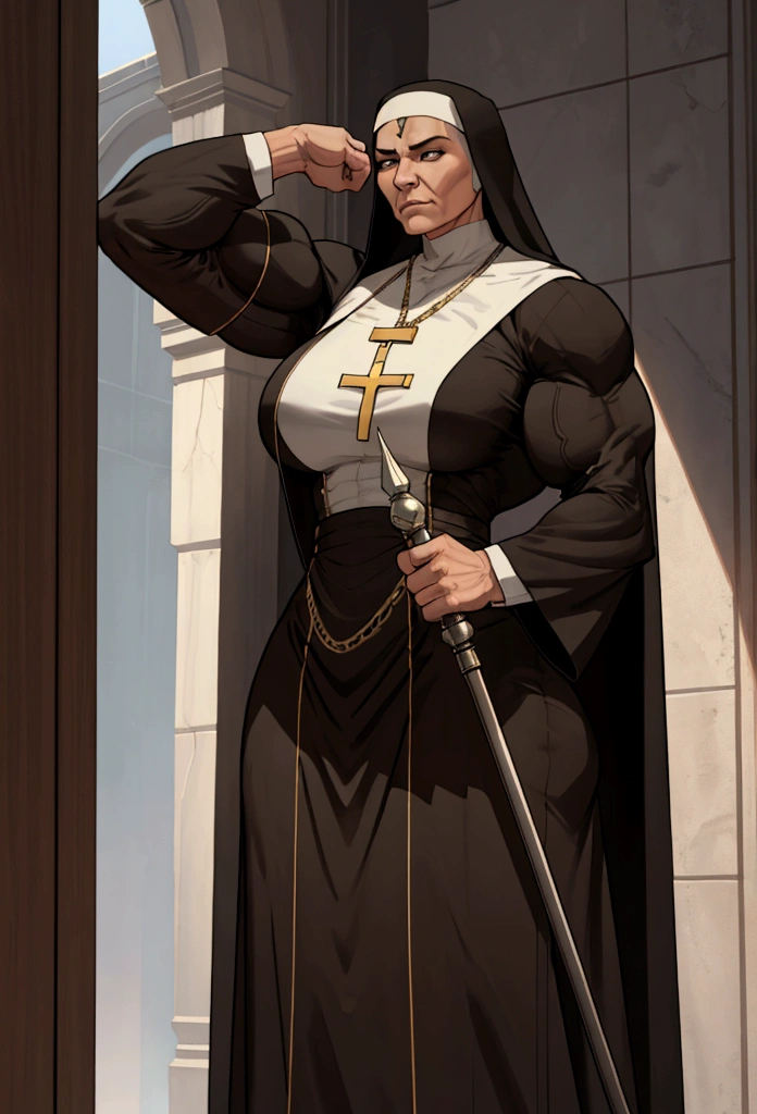 tall muscle nun womn flex her big biceps small suit cinematic lighting, ray tracing, Surrealism, high detail, modern, Realism, highres, high details, masterpiece, UHD, 8k, award winning