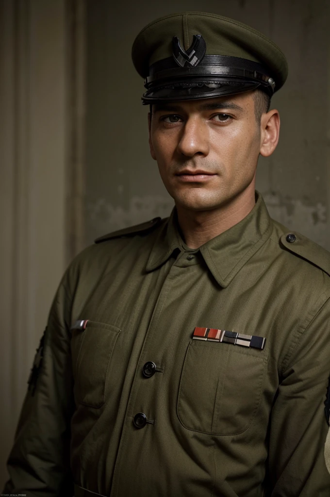 arafed photo of a man in a hitler military uniform posing for a picture, a colorized photo by Gyula Basch, flickr, fantastic realism, world war 2 portrait photo, ww2 era photograph, taken on a ww2 camera, taken on a ww 2 camera, ww2 photo, in a soldier uniform, portrait of a soldier, in military uniform