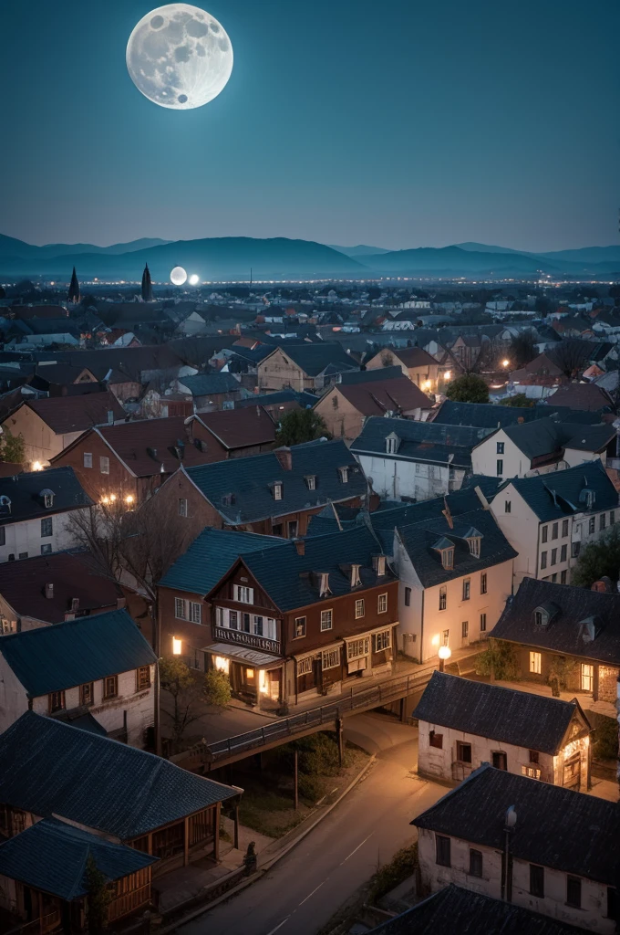 Small haunted town with full moon