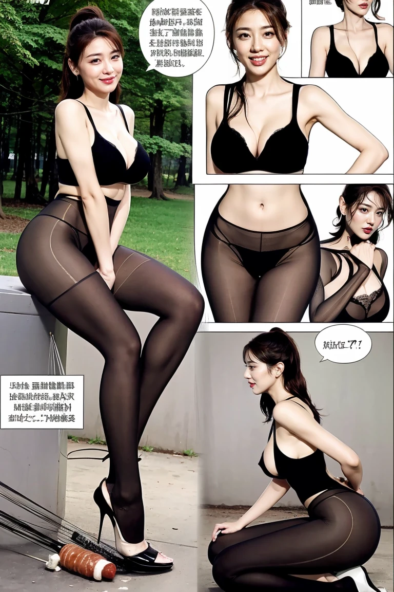 The beautiful girl in lace top and leggings is sitting astride a pile of skeletons in the center of the picture. She is holding a trembling sausage with juice squeezed out in her hand and smiling. There are multiple comic storyboards in the background,cbt, sausage bondage,sausage insertion,Sexy, trampling sausage with high heels heel,(masterpiece, best quality:1.2),1 beautiful girl,sexy,comic storyboard:2, leggings, sit astride, axially symmetrical:2, ,femdom,sounding,cbt,hold,smile,colorful,leggings,thin gap,cameltoe,insertion,trembling,juice,spray, Long hair,Lace top,Sexy, Shiny leggings, High heel,cleveage, trampling, in forest, saliva , Mucus