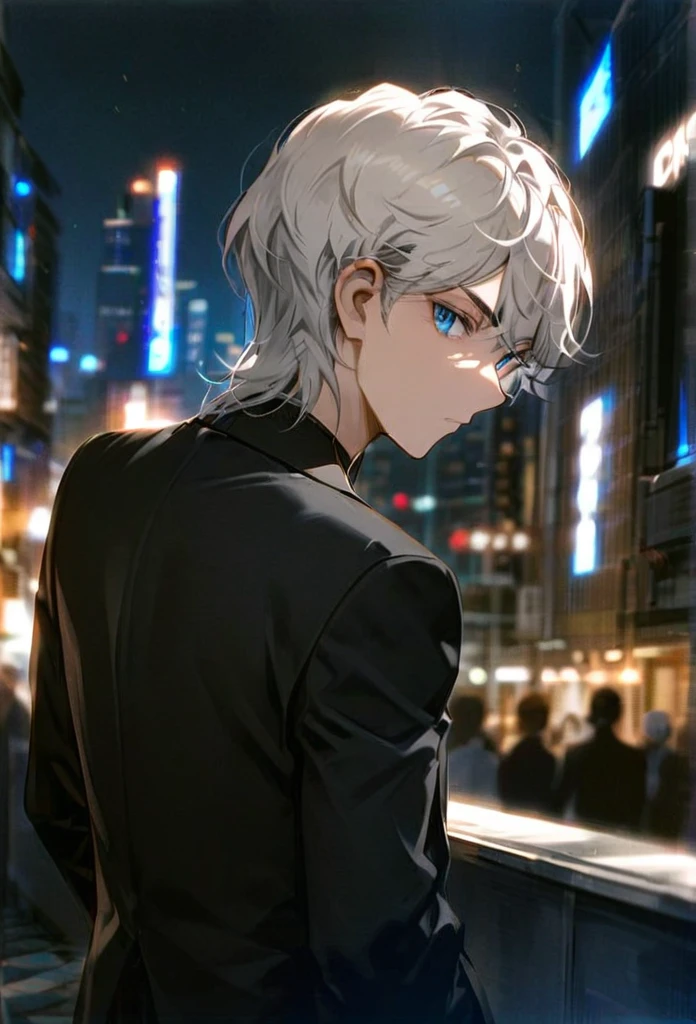 Half body portrait of a young man short Smoky white hair, blue eyes, wears an all black suit. Stand and look back. Look back. Half-body image. Look back.. city view