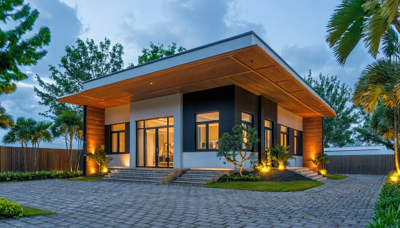 Masterpiece, high quality, best quality, authentic, super detail, outdoors, onestoreyvillaXL, aiaigroup, house style modern on the street ,stairs, white wall ,road,pavement, grass, trees, sky, cloud, (nightlight:1.1)