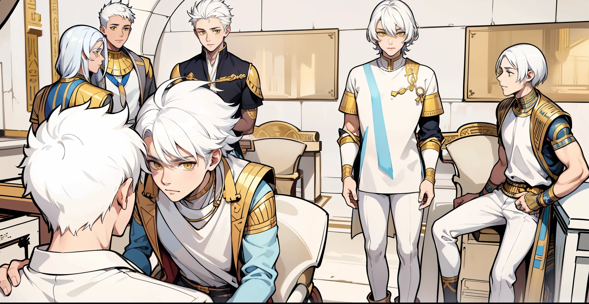 hjay cute men with white hair and yellow eyes in front of a young man in an ancient Egyptian palace