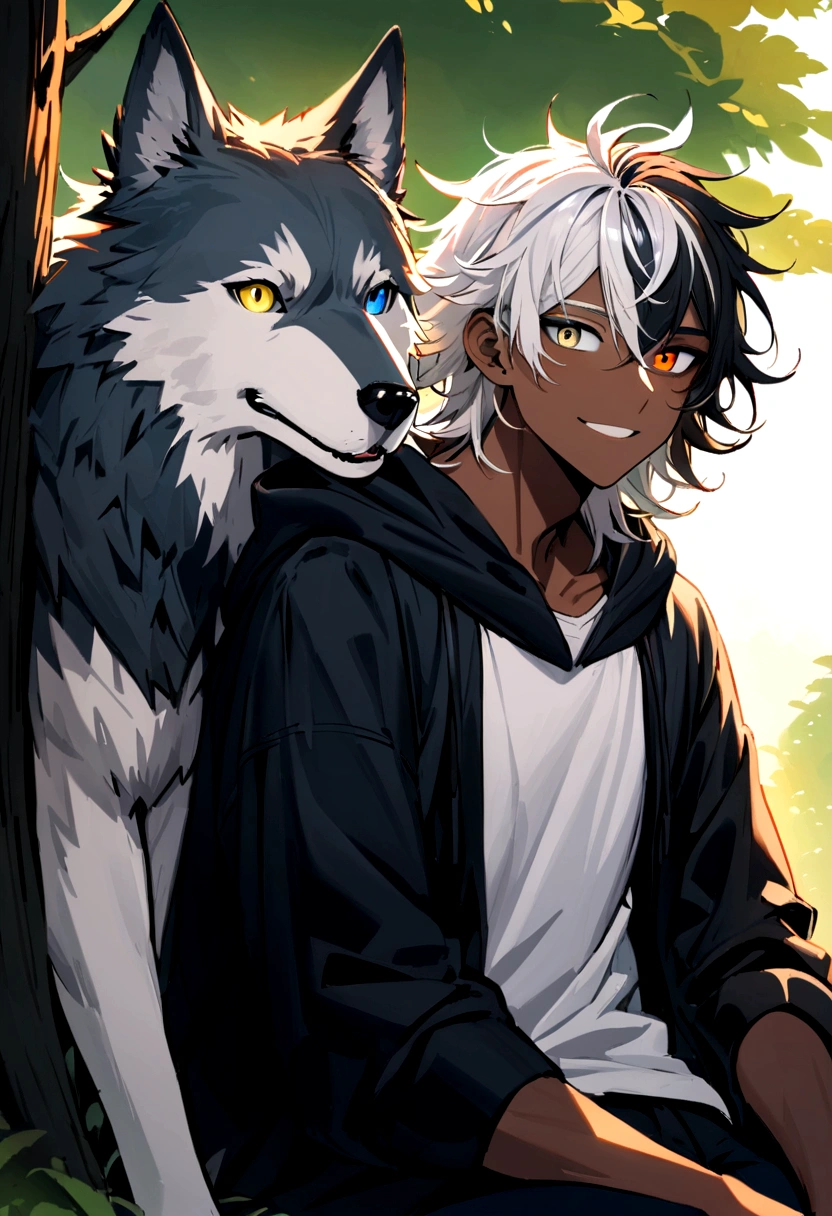 white shirt, wearing a black hoodie , yellow and black eyes heterochromia , happy expression, Messy hair , Medium length hair , masculine , multicolored black and white hair , two tone hair , dark skin color, while leaning against a tree alone with a wolf by his side