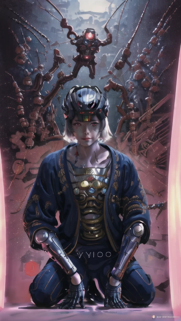 Hyperrealistic version of a woman kneeling down with a sword in her hand, very beautiful cyberpunk samurai, anime cyberpunk art, cyberpunk samurai, cyberpunk anime art, anime cyberpunk, cgsociety 9, digital cyberpunk anime art, style of maciej kuciara.1girl, samurai armor, helmet oni evil mask,intricate, ornaments detailed, cold colors, metal, egypician detail, highly intricate details, realistic light, trending on cgsociety, glowing eyes, facing camera, neon details, ultra realistic details, portrait full body, japanese atmosphere, global illumination, shadows, octane render, 8k, ultra sharp.cool ta.