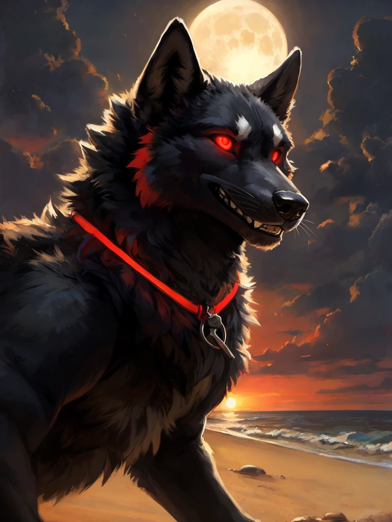 uploaded to e621, beautiful and detailed portrait of a male feral Wolf, kenket, ross tran,Ruan Jia, uploaded to e621, high resolution, photorealestic, cenematic lighting, (((wicked))), (((in the beach))), Wolf, ((fullbody)), Muzzle with sharp teeth, night at full moon, dark black fur, black face, ((red glowing eyes)) Evil smiling face, strand outfit, 独奏, 1boy, Selfie