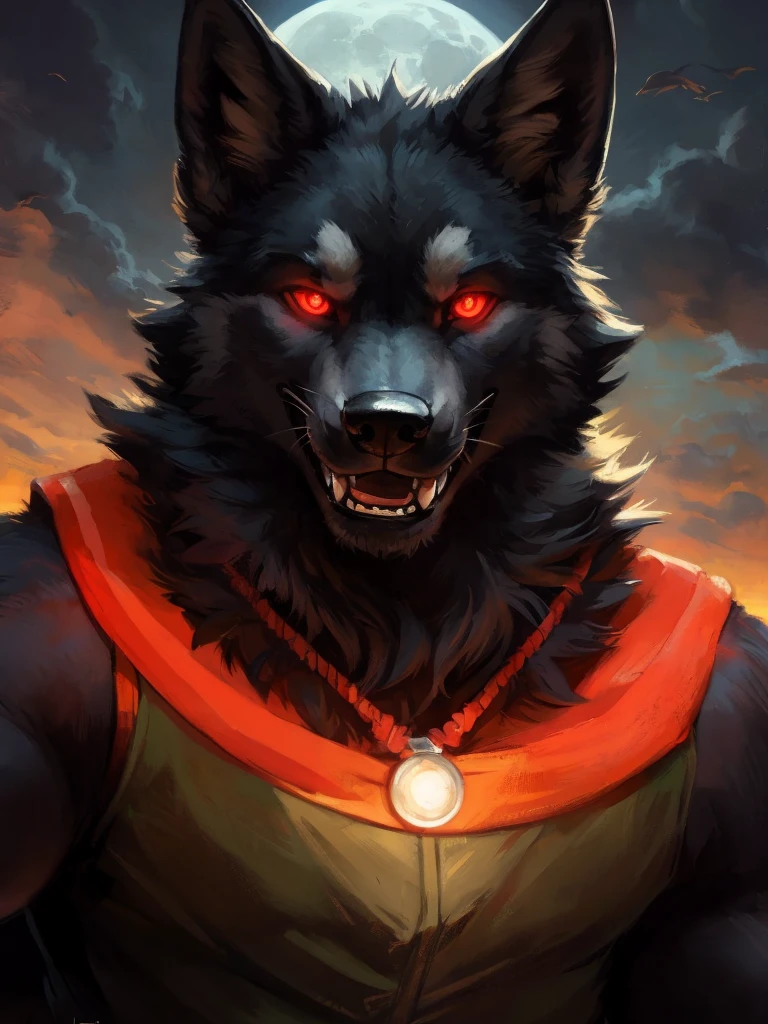 uploaded to e621, beautiful and detailed portrait of a male feral Wolf, kenket, ross tran,Ruan Jia, uploaded to e621, high resolution, photorealestic, cenematic lighting, (((wicked))), (((in the beach))), Wolf, ((fullbody)), Muzzle with sharp teeth, night at full moon, dark black fur, black face, ((red glowing eyes)) Evil smiling face, strand outfit, 独奏, 1boy, Selfie