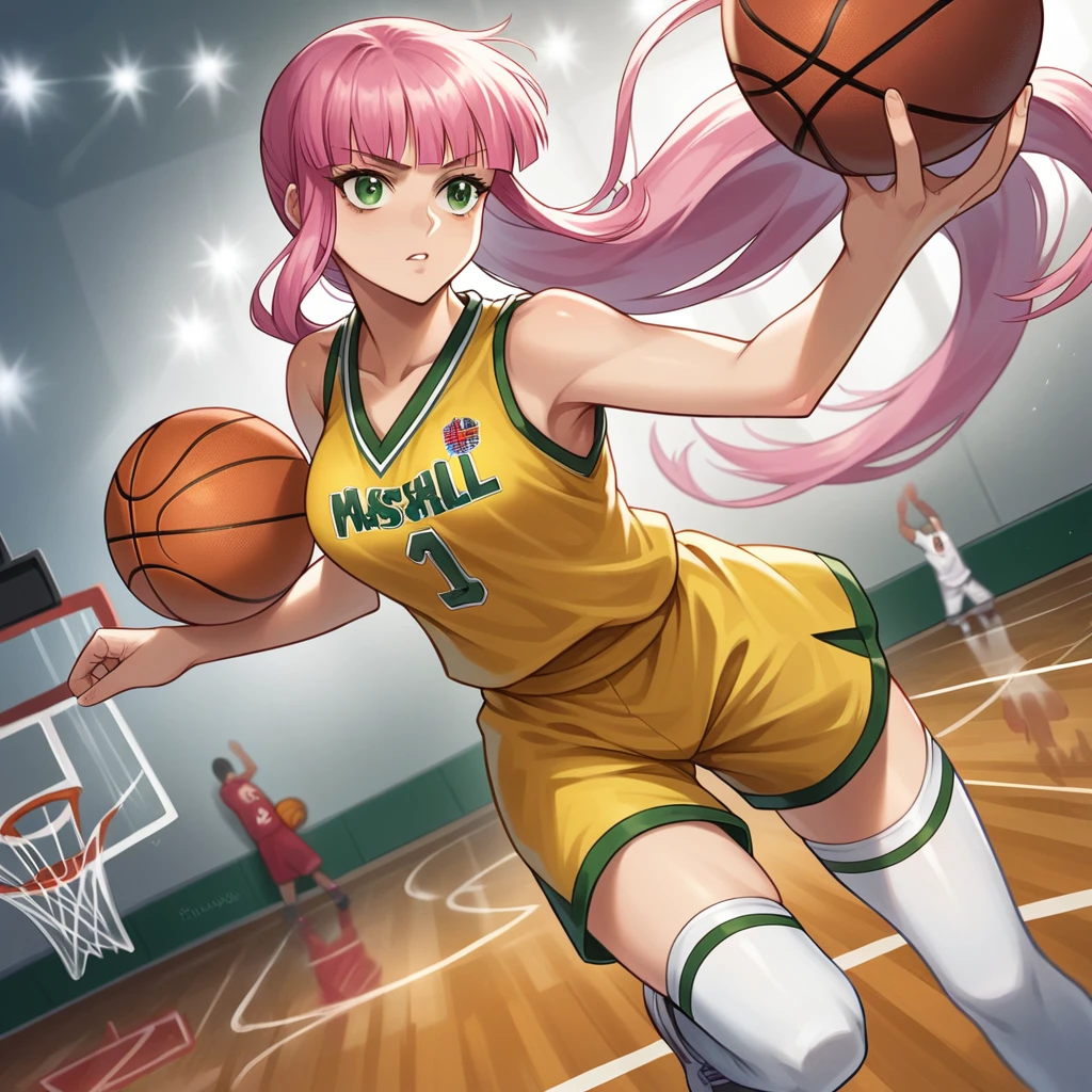 1girl, solo, masterpiece, best quality, ultra-detailed, very long hair, pink hair, tied hair, blunt bangs, green eyes, wearing a yellow basketball uniform, yellow uniform, sleeveless, wearing shorts, basketball, aiming, Lakers, basketball (object), basketball uniform, white stockings, running, basketball court, intense match, sports, holding basketball, highschool student, (8k), (professional lighting), (detailed illustration), (professional angle), (focus on face), (ultra focus on face),kanroji mitsuri 