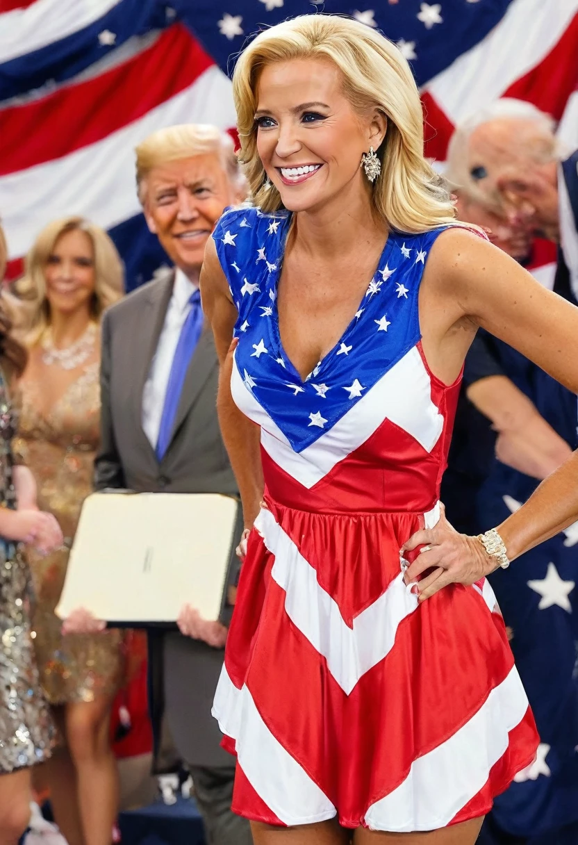 A teenage daughter of Donald ????? and Joe Biden. Looks like the spitting image of both her dads. wearing an american flag dress.