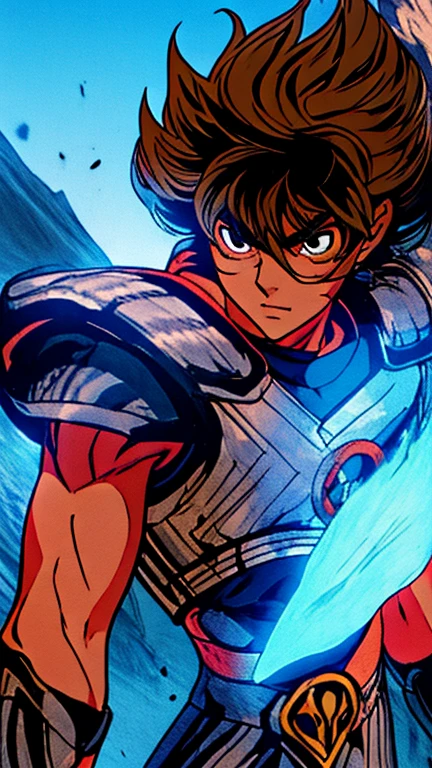 estilo shingoaraki-smf, knights of the zodiac, saint seiya, ****ung boy, messy brown hair, expression of determination on her face,  pegasus seiya , bandages, bloodstains, Ranni, pegasus armor, broken armor, rock ruins background, battle stance, kosmos, energy stars, blue aura