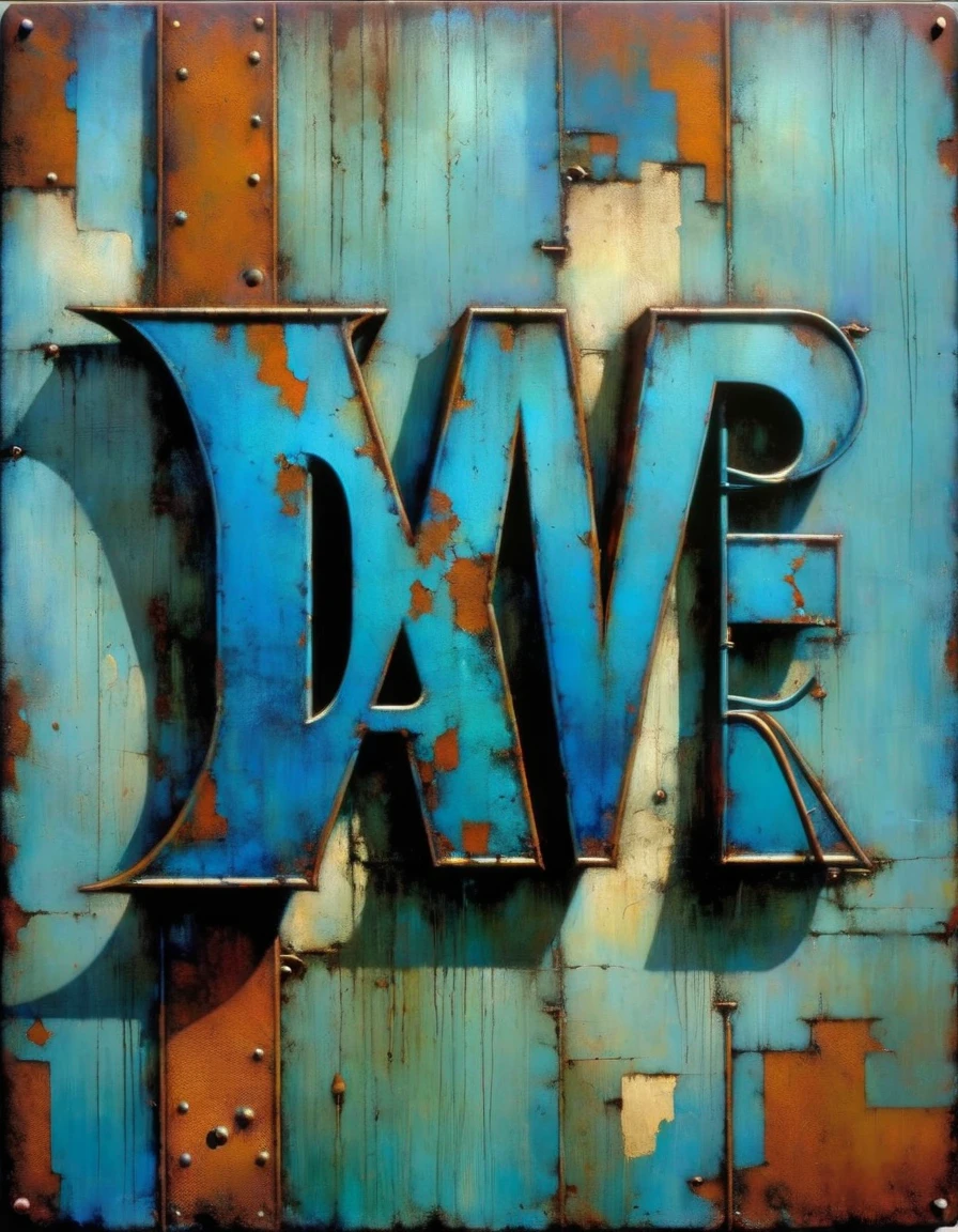 rusty blue sign with text: "VICTOR", metallic blue letters, (Dave Mckean inspired art, intricate details, oil painting)